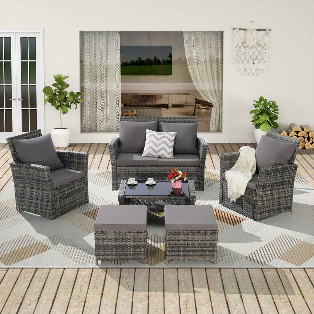 English Elm 6 Piece Outdoor Wicker Conversation Set with Tempered Glass Table and Ottomans W874P264688