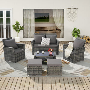 English Elm 6 Piece Outdoor Wicker Conversation Set with Tempered Glass Table and Ottomans W874P264688