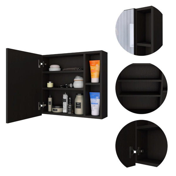 English Elm Medicine Mirrored Wall Cabinet with Raised Top, Modular External Shelves & Three Interior Shelves for Organized Storage and Stylish Bathroom Functionality Black 23.62 L x 19.68 W x 5.91 H B097133142