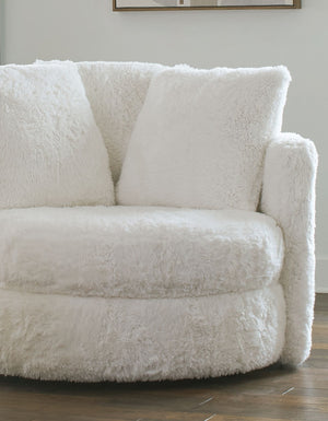 English Elm 1pc Plush Swivel Round Accent Chair in White Faux Fur with Oversized Pillows, Curved Track Arms, Cozy Lounge Comfort B2741P378642