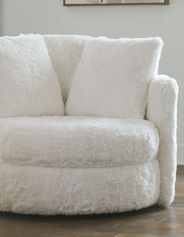 English Elm 1pc Plush Swivel Round Accent Chair in White Faux Fur with Oversized Pillows, Curved Track Arms, Cozy Lounge Comfort B2741P378642
