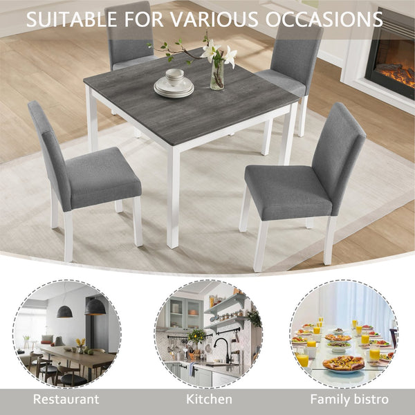 English Elm 5-piece Square Rubberwood Dining Set Seats Four with Upholstered Linen Chairs Modern W1998P418930