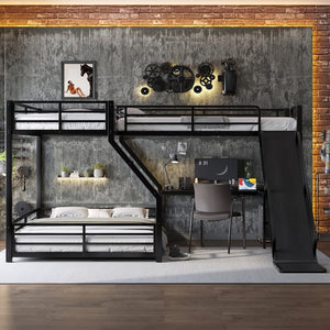 English Elm L-Shaped Triple Bunk Bed With Slide & Usb Ports - Space-Saving Metal Design For Modern Families W1580S00276