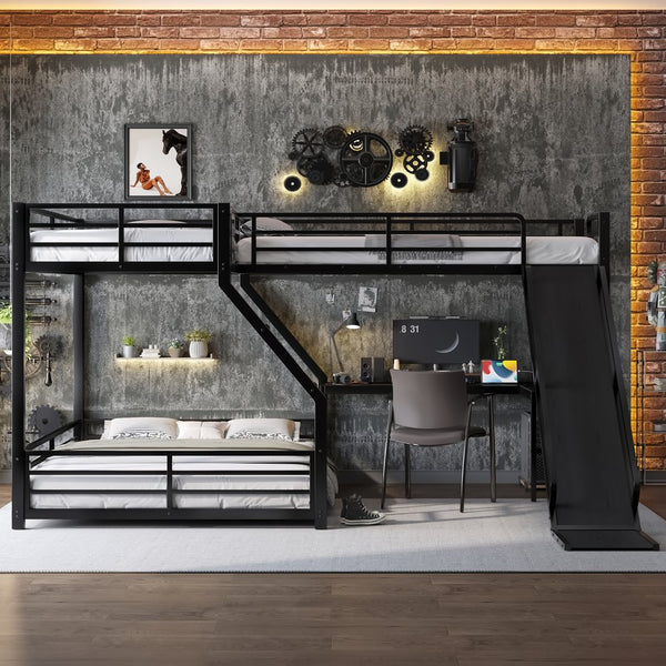 English Elm L-Shaped Triple Bunk Bed With Slide & Usb Ports - Space-Saving Metal Design For Modern Families W1580S00276