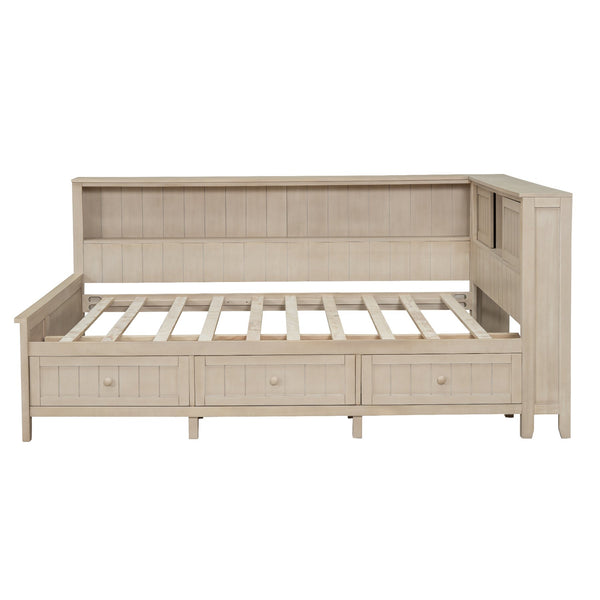 English Elm Full Full Size Wood Daybed with 3 Drawers & Shelves, Antique White Milk Finish — Storage, Charm, 400lb Capacity GX002214AAK
