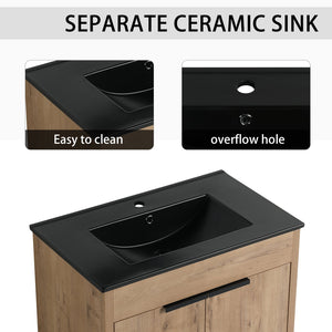 English Elm 72 Inch Freestanding Bathroom Vanity With Black Ceramic Sink, Soft-Close Doors & Ample Storage W999S00324