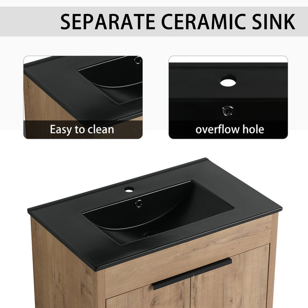 English Elm 72 Inch Freestanding Bathroom Vanity With Black Ceramic Sink, Soft-Close Doors & Ample Storage W999S00324