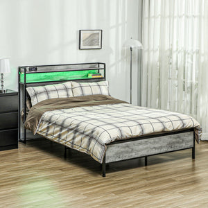 English Elm HOMCOM Full Size Bed Frame with LED RGB Headboard, Built-In Charging Station and 3-Tier Shelf Gray W2225P249915