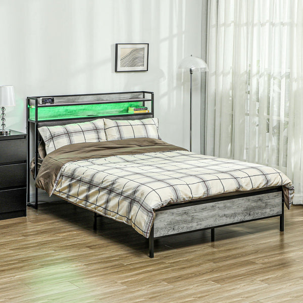 English Elm HOMCOM Full Size Bed Frame with LED RGB Headboard, Built-In Charging Station and 3-Tier Shelf Gray W2225P249915