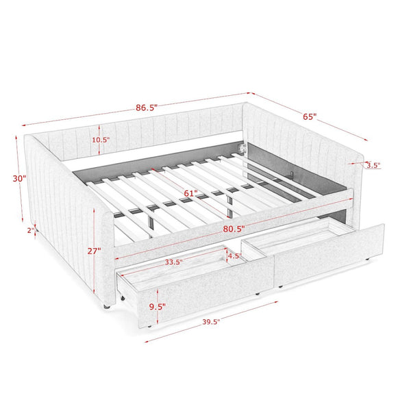 English Elm Queen Size Upholstered Daybed With Trundle & Storage Drawers, Stylish Beige Linen, Comfort & Function W1413S00068-GIGA