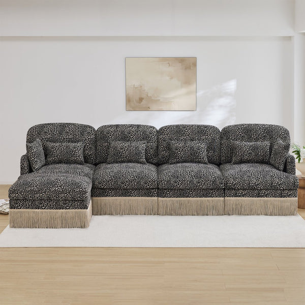 English Elm 131"comfy Chenille Leopard Print Sectional Sofa with Tassel Trim and Movable Ottoman Khaki W5656S00026