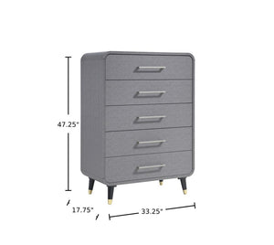 English Elm 5 Drawer Chest with Felt-Lined Top Drawer, Textured PU Finish, Smooth Side Guides, Ample Storage Appeal Light Gray 35 L x 19.75 W x 45.25 H B2699P233929