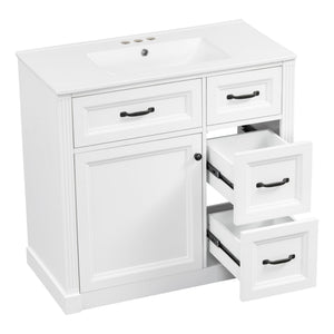 English Elm 36 Inch Bathroom Vanity With Sink – Modern Design, Soft-Close Drawers & Adjustable Storage Shelf, White Finish N725P336549K