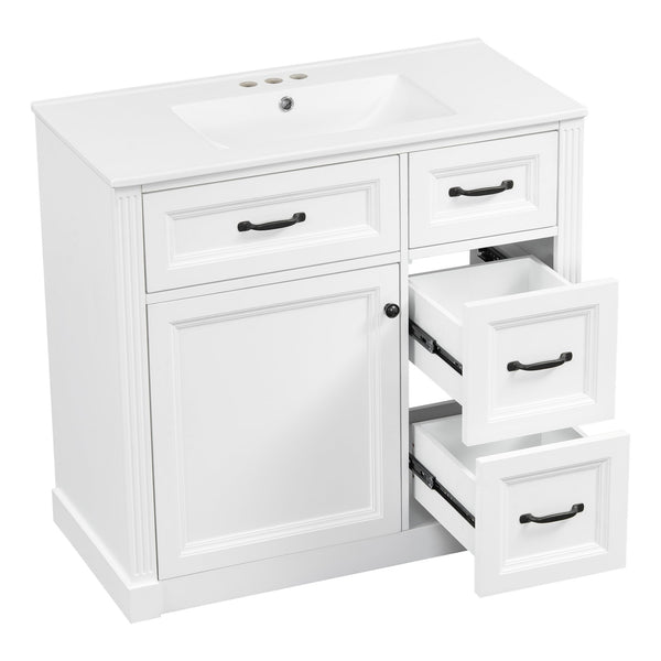 English Elm 36 Inch Bathroom Vanity With Sink – Modern Design, Soft-Close Drawers & Adjustable Storage Shelf, White Finish N725P336549K
