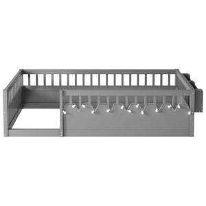 English Elm Twin Montessori Floor Bed Frame with High Rails and Built-In Light Shelf for Safe Independent Sleep Grey 79.13 L x 13 W x 6.3 H W2593P333797