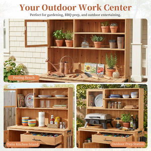 English Elm (with Hutch) Topamx Solid Fir Potting Bench Patio Workstation Spice Rack Drawer Natural N717P404330A