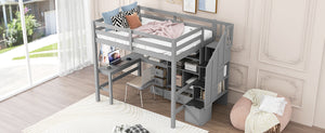 English Elm Full Full Size Loft Bed with L-Shaped Desk, Drawers, Cabinet and Staircase Storage for Space-Saving Rooms Gray GX000469AAE