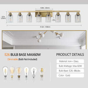 English Elm 51" Golden 8-Light Vanity Light with Clear Glass Shades, Modern Iron Wall Fixture for Bathroom Mirror Glam W2312P374803