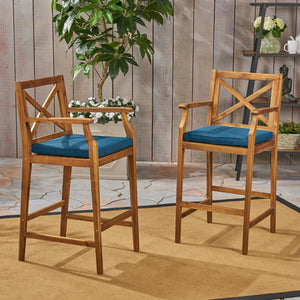English Elm Christopher Knight Home® - PERLA Acacia Wood Outdoor Barstool Set of 2 with Water-Resistant Cushions, Cross-Back Farmhouse Charm Blue 63748.00BLU
