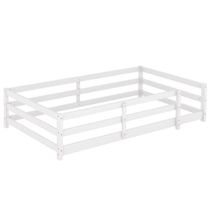 English Elm Twin Montessori Pine Floor Bed with Full Fence Rails for Kids Cozy Bedroom W1820P398987