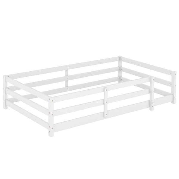 English Elm Twin Montessori Pine Floor Bed with Full Fence Rails for Kids Cozy Bedroom W1820P398987