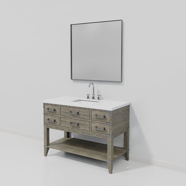 English Elm Grey Oak Single Bath Vanity Set With White Quartz Top, Chrome Faucet & 46” Mirror - Modern Elegance B2731S02112