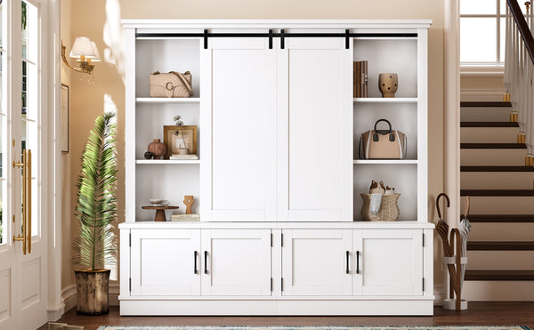 English Elm The Industrial Barn Door Entryway Cabinet with Sliding Rails and 12 Storage Compartments White W1580S00271