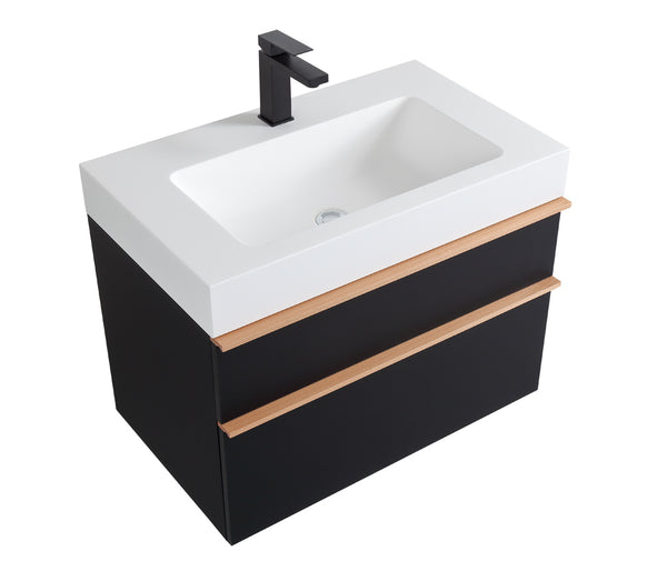 English Elm VELA 30 Inch Wall Mounted Bathroom Vanity with Integrated Acrylic Sink, Dual Wood Handles, Soft-Close Drawers, Matte Finish Black W3235P327617