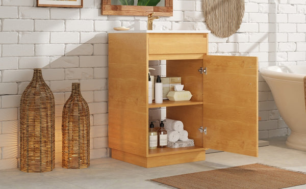 English Elm 20-inch Farmhouse Bathroom Vanity with Ceramic Sink, Freestanding Single Cabinet, Soft-Close Door, Adjustable Shelf, Natural Wood-Grain Finish N710P334910P