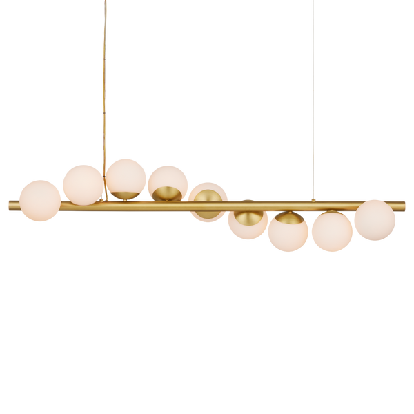 Barcarolle Linear Chandelier - Elegant Brass Fixture with White Globes for Stunning Illumination