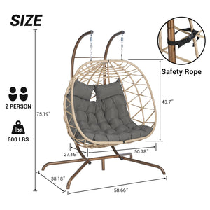 English Elm Double Hanging Wicker Egg Chair with Iron Stand Outdoor Uv Resistant 600 Lb Patio Swing W874P270566