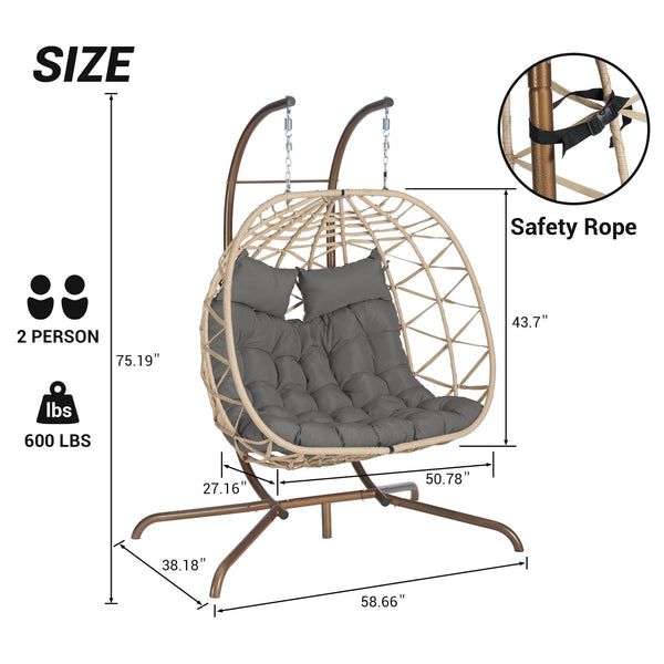 English Elm Double Hanging Wicker Egg Chair with Iron Stand Outdoor Uv Resistant 600 Lb Patio Swing W874P270566