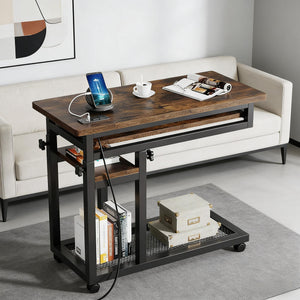 English Elm Side Rolling C Table with Adjustable Height Keyboard Tray and Built in Charging Outlet T3971P448106