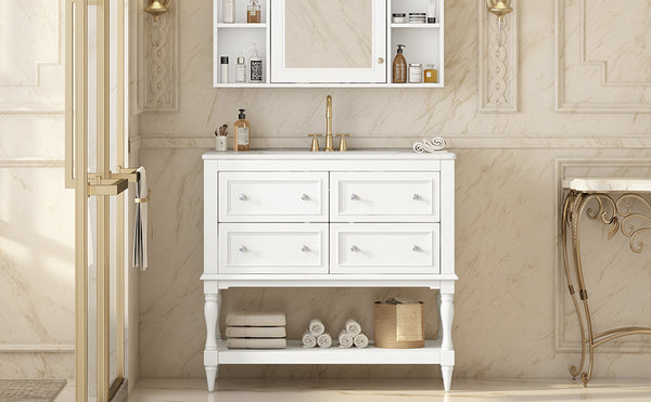 English Elm 36" Bathroom Vanity with Sink Combo, 36" Ceramic Undermount Basin, Solid Wood Frame, 4 Drawers, Waterproof Painted Finish White N710P250654K