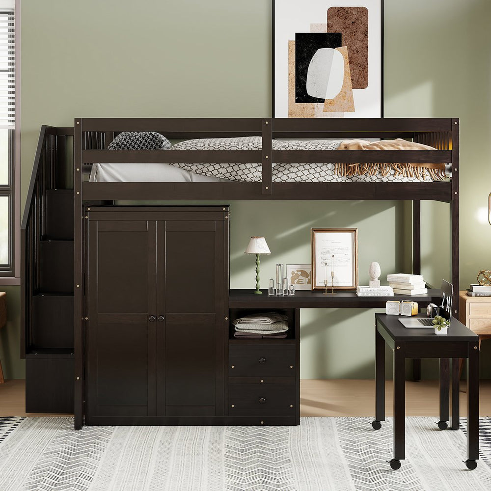 English Elm Queen Murphy Bed with Integrated Desk Cabinet Shelves Space Saving Studio Solution Espresso N708S00014P