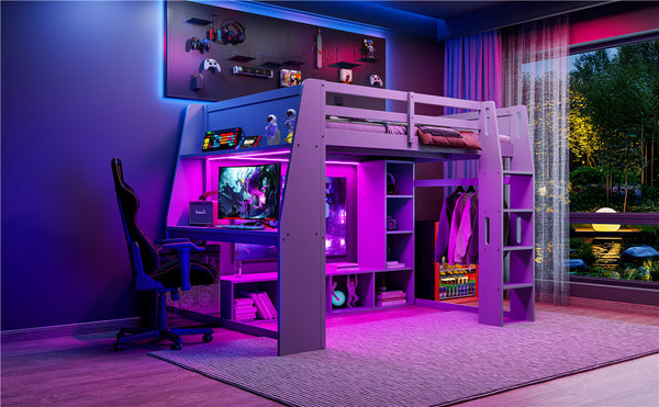 English Elm Wood Full Size Gaming Loft Bed with Integrated Desk, Shelves, LED Lighting & Hanging Clothes Rack Gray N7090001042E