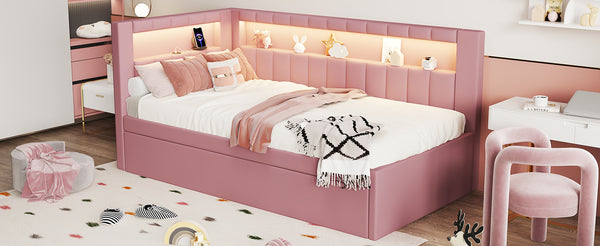 English Elm Upholstered Twin Platform Bed with Trundle, Linen Backrest, Built-In USB Ports & LED Accent Lighting Pink DL001919AAH