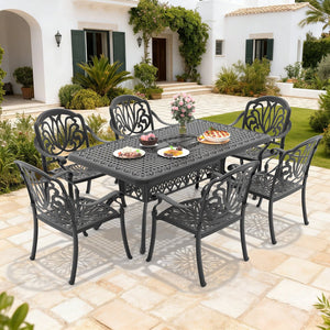 English Elm 7-piece Cast Aluminum Outdoor Dining Set Ornate Relief Patio Furniture with Cushions W1710S00590