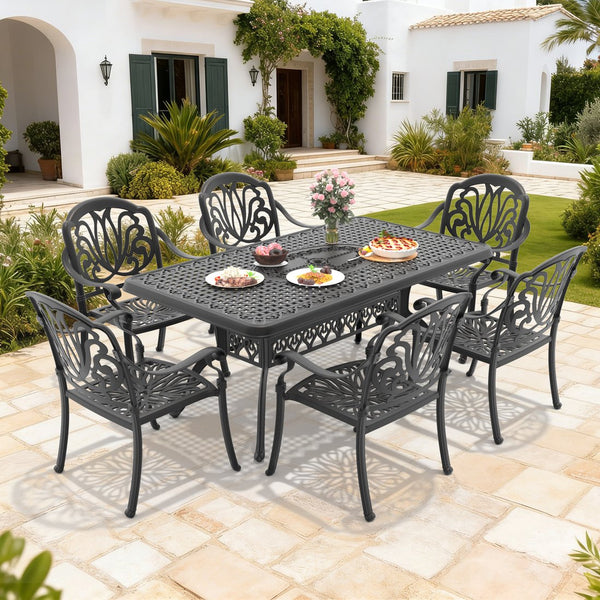 English Elm 7-piece Cast Aluminum Outdoor Dining Set Ornate Relief Patio Furniture with Cushions W1710S00590