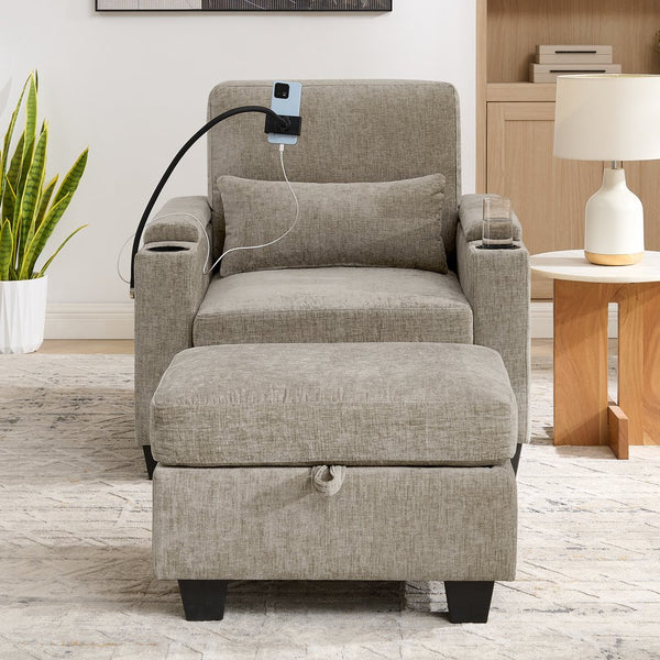 English Elm Single Chenille Manual Recliner with Usb Port Hidden Storage Ottoman and Cup Holders Brown W487P423653
