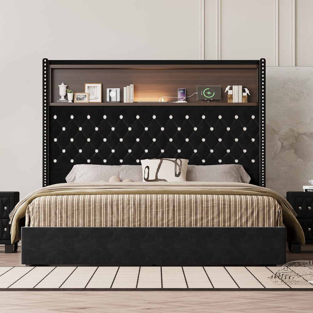 English Elm Queen Velvet Tufted Wingback Platform Bed Tall Headboard with Usb Charging Shelf Black N733P367135B