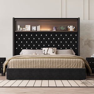 English Elm Queen Velvet Tufted Wingback Platform Bed Tall Headboard with Usb Charging Shelf Black N733P367135B