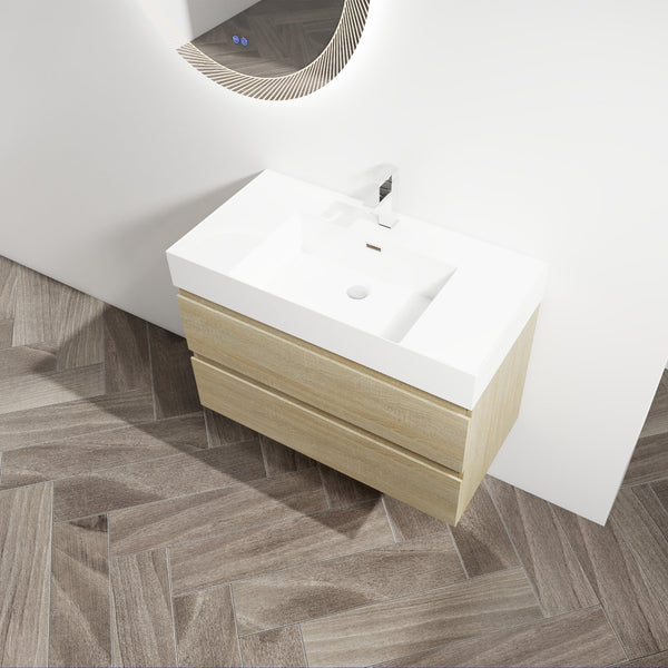 English Elm 36" Wall-Mounted Bathroom Vanity With Resin Sink & Soft-Close Drawers For Modern Spaces W999S00198