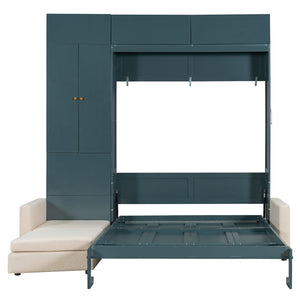 English Elm Queen Murphy Bed with L-shaped Velvet Sofa Storage Cabinets for Studio Living Green LP000765AAA-1