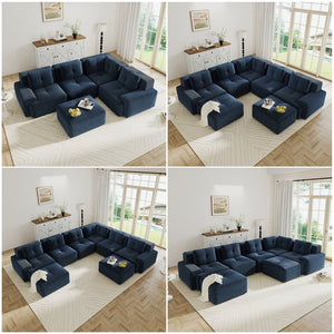 English Elm Modern Corduroy Sectional Sofa Deep Seat V Shape Tufted Couch with Movable Ottoman Blue W714S01579