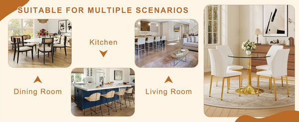 English Elm Table And Chair Set - 35" Round Tempered Glass Dining Table With Gold Metal Base & 4 White Chairs W1151S03703-GIGA