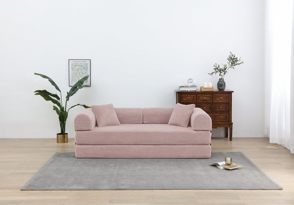 English Elm Convertible Sleeper Sofa Bed Pink Corduroy 3-Seat Foldable Couch with Cylindrical Pillow, Non-Slip Flexible Design W3199P311308