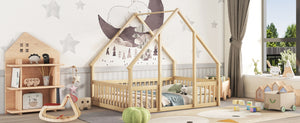 English Elm Full House-Shaped Floor Bed with Fence and Guardrails, Pine Wood Play Loft for Imaginative Kids Retreat Natural W504P143295