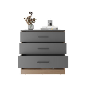 English Elm Alder 27" High Three Drawer Dresser with Open Shelf, Matte Gray & Natural Oak Two-Tone Storage Piece B200P335318