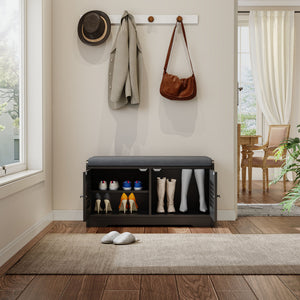 English Elm 28.74"shoe Storage Bench Louvered Cabinet Cushioned Seat Adjustable Shelves Entryway W2948P361401